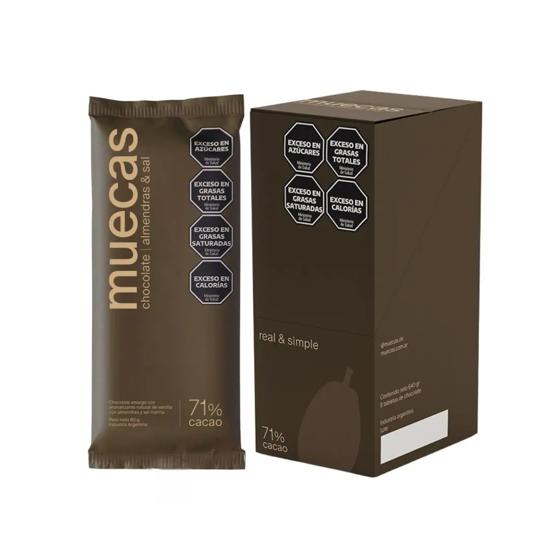 MUECAS - Barra de chocolate 71% cacao con almendras y sal x 80g