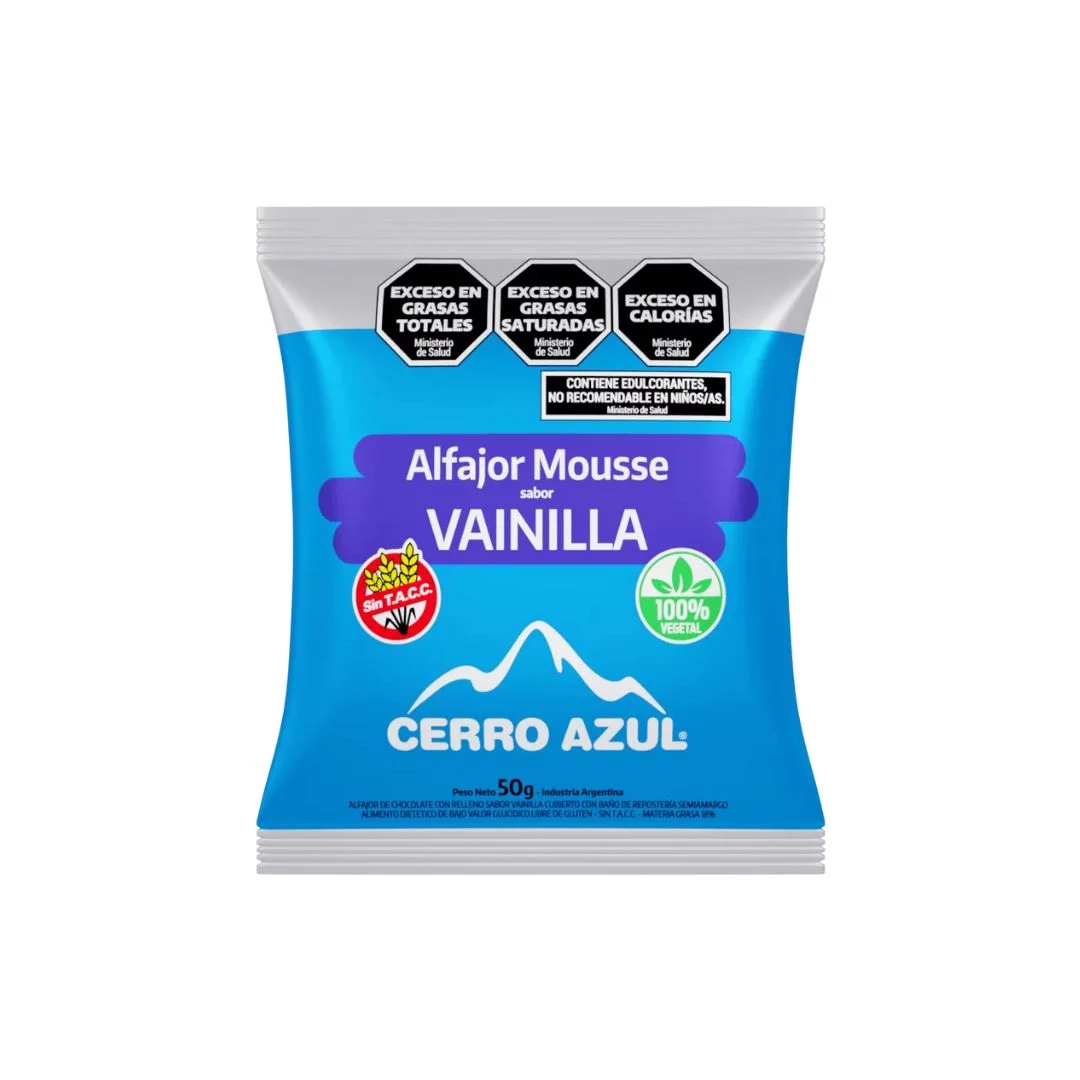 CERRO AZUL - Alfajor vegano relleno de mousse de vainilla SIN AZUCAR x 50g