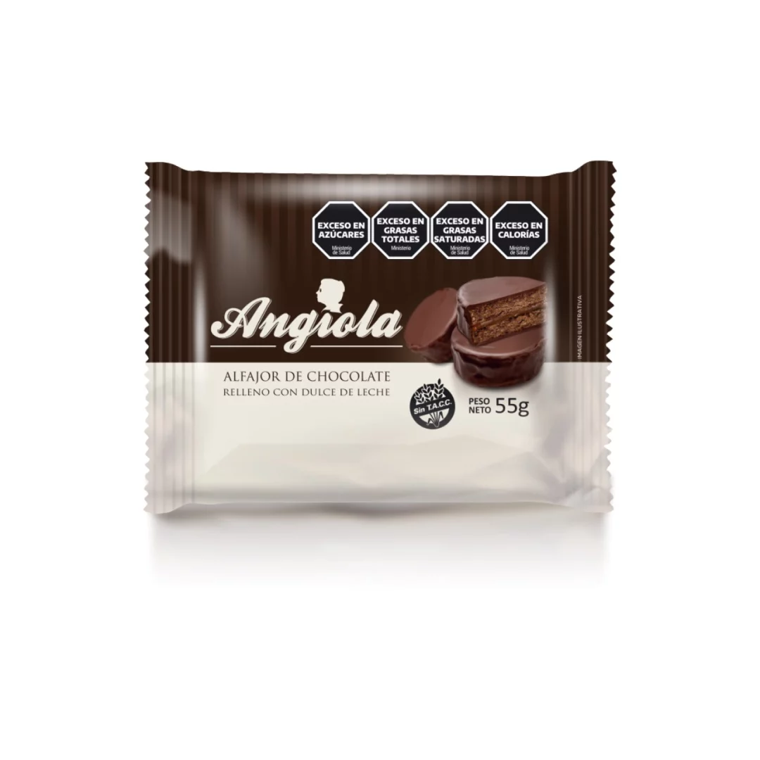 ANGIOLA - Alfajor de chocolate relleno de DDL con baño de chocolate x 55g