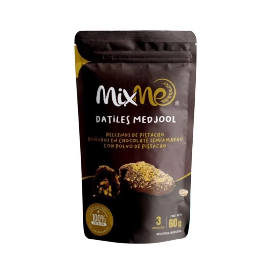 MIXME - Datiles medjool rellenos de pistacho y bañados en chocolate x 60g Doypack